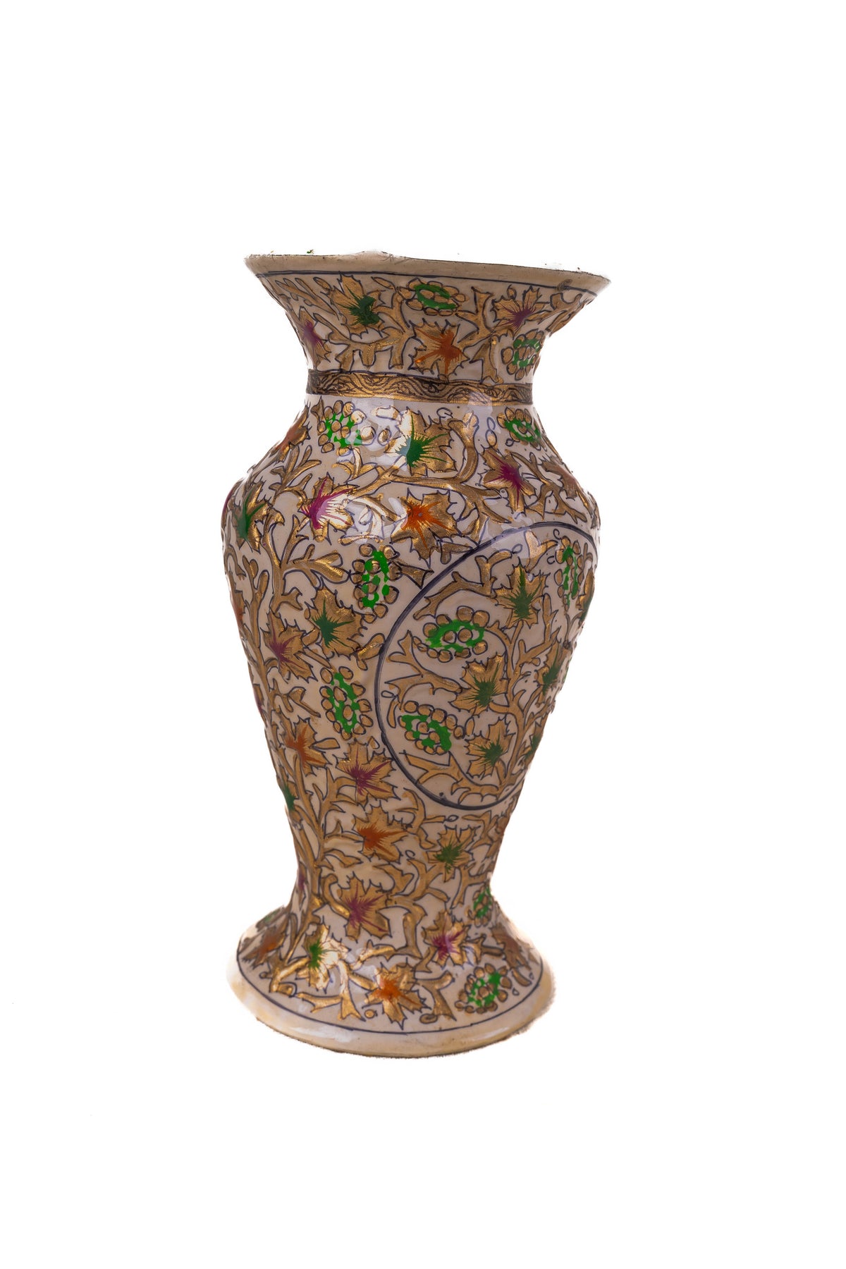 Closer front view of the vase showing green clusters and golden-brown leaves around outlined oval panels.