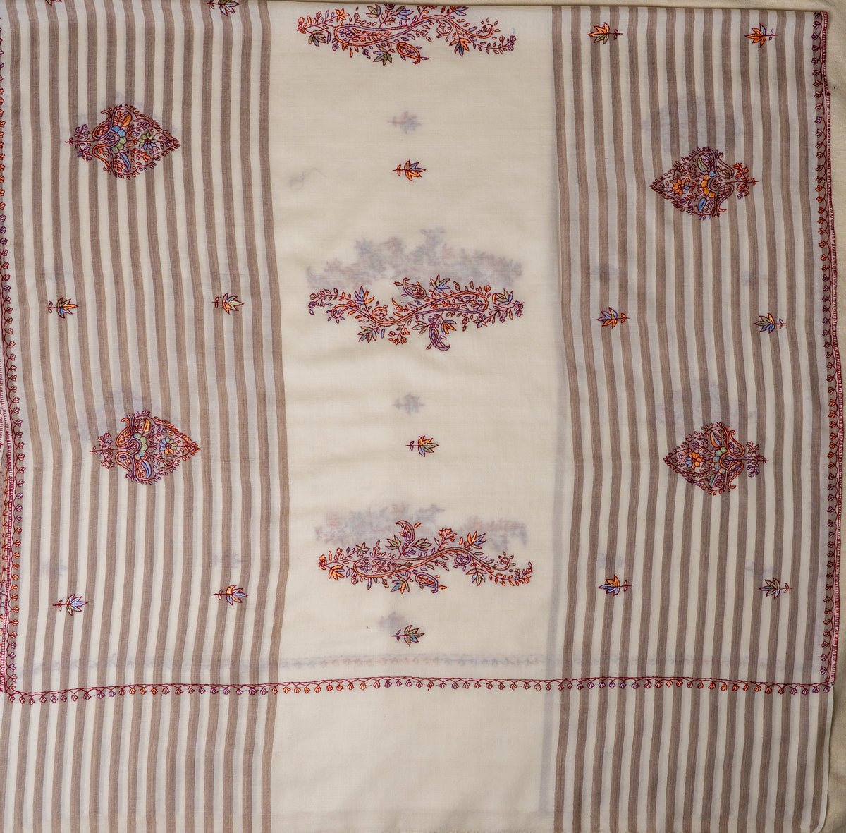 Winter Ivory Sozni Hand Embroidered Merino Wool Shawl