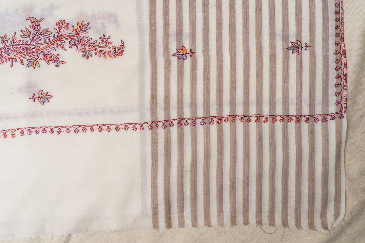 Winter Ivory Sozni Hand Embroidered Merino Wool Shawl