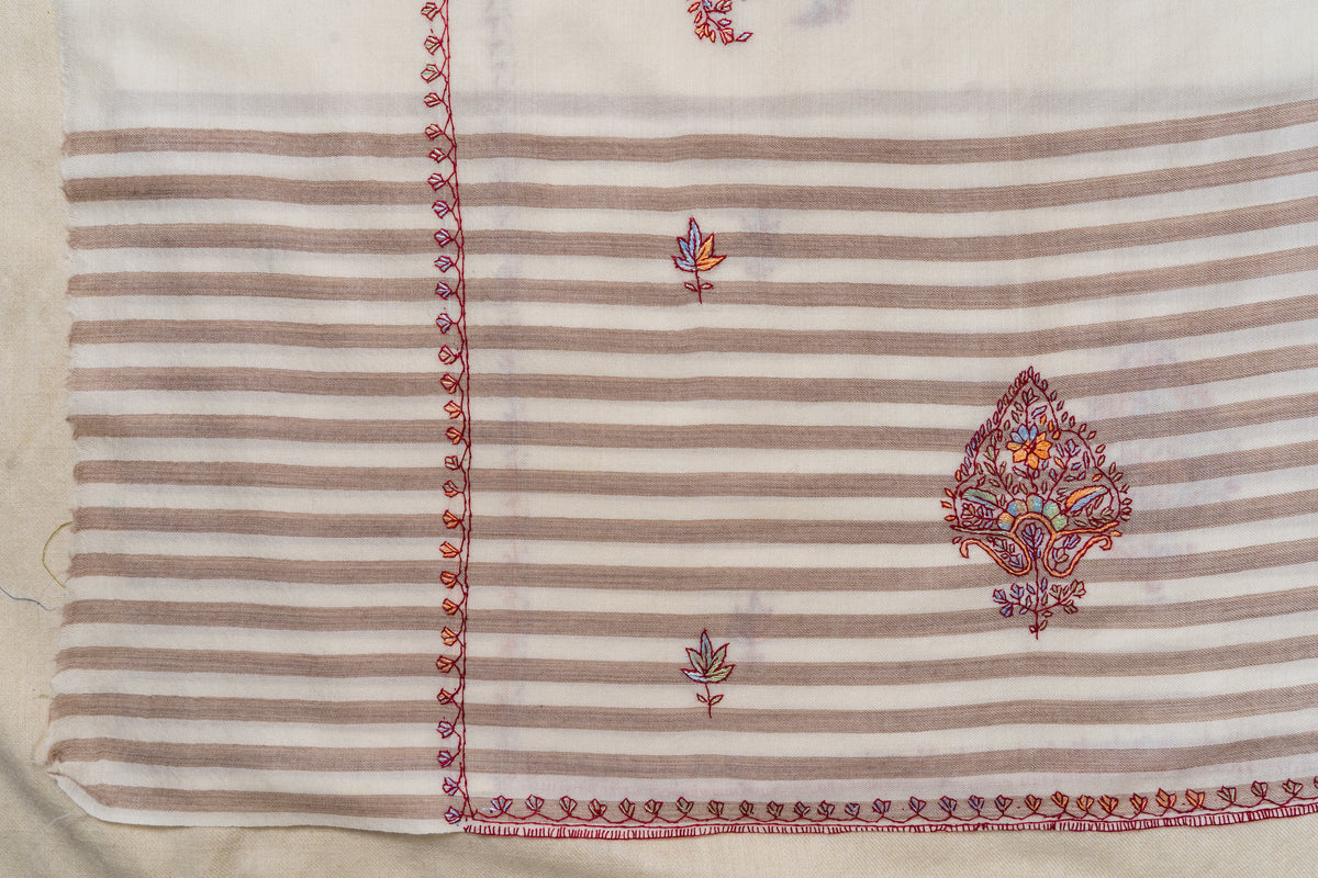 Winter Ivory Sozni Hand Embroidered Merino Wool Shawl