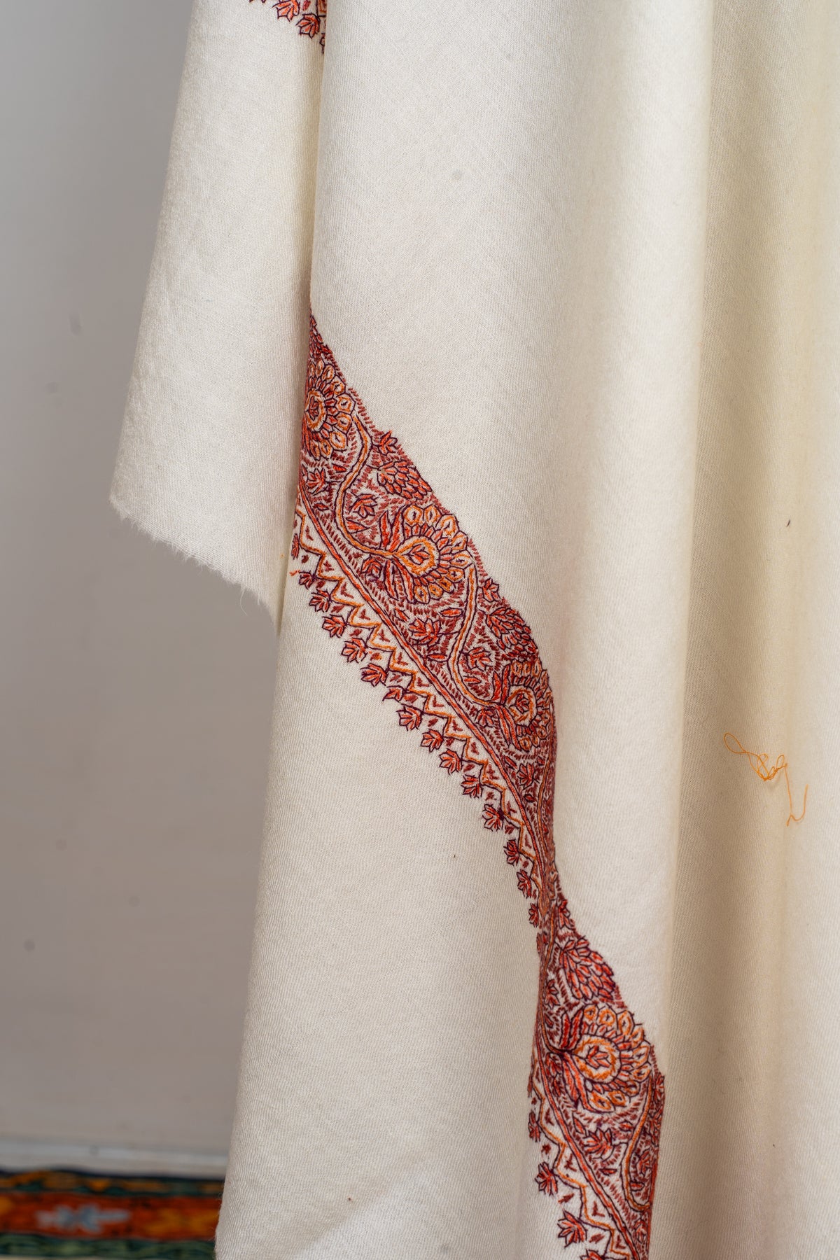 Sozni Hand Embroidered Merino Wool Shawl in Classic Ivory