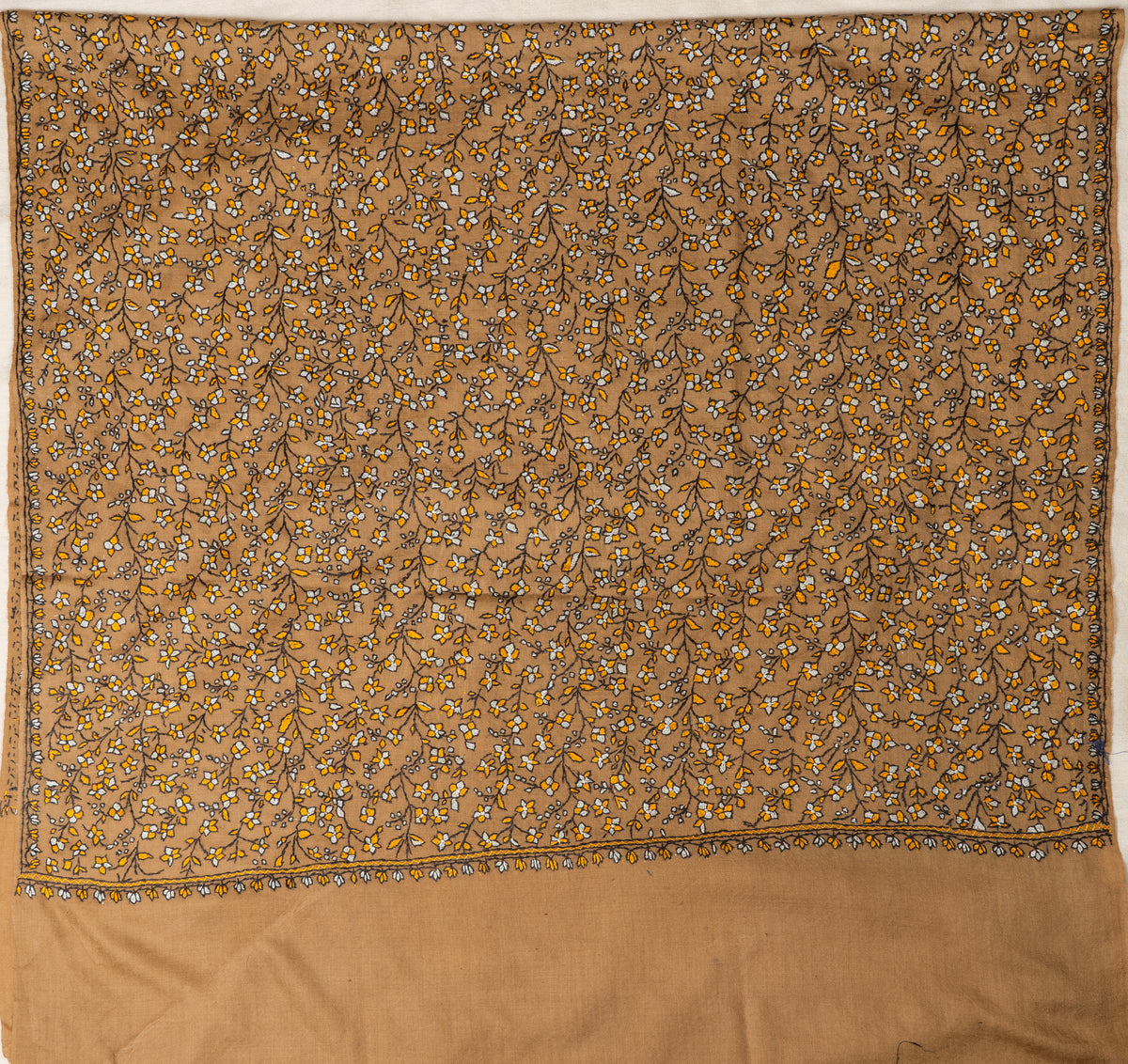 Sozni Hand Embroidered Merino Wool Shawl in Autumn Gold