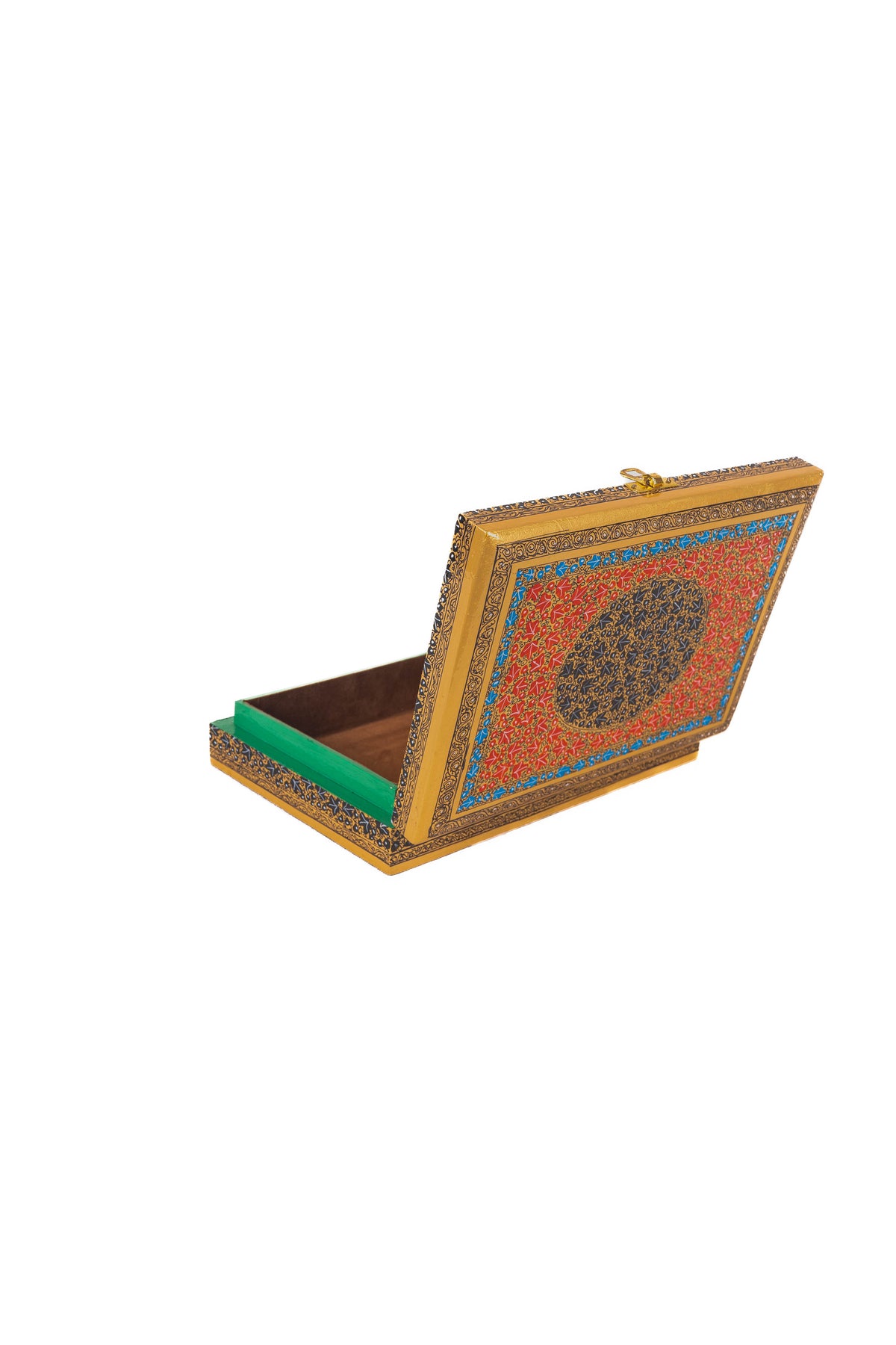 Rear angled view of the open box, showing its red-and-gold lid with a dark circular medallion and blue border.