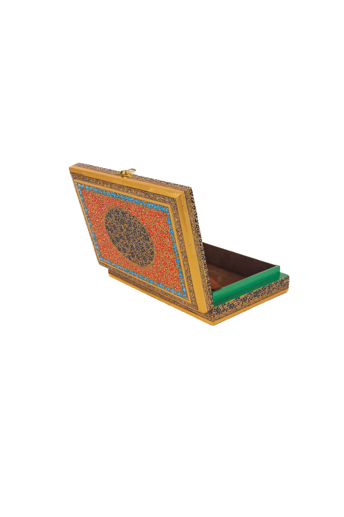 Opposite rear angle of the open painted storage box with the dark centre medallion visible on its raised lid.