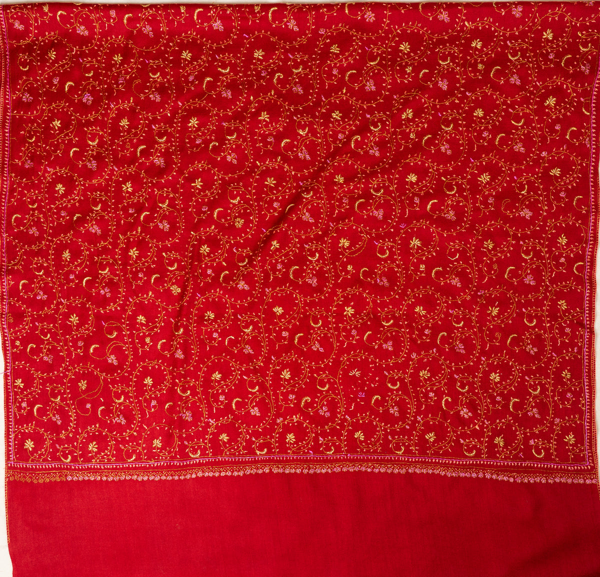 Crimson Grace: Sozni Hand Embroidered Shawl in Merino Wool