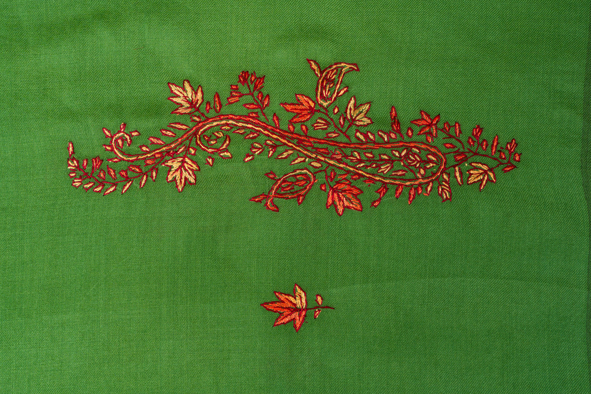 Verdant Bloom: Sozni Hand Embroidered Merino Wool Shawl in Green