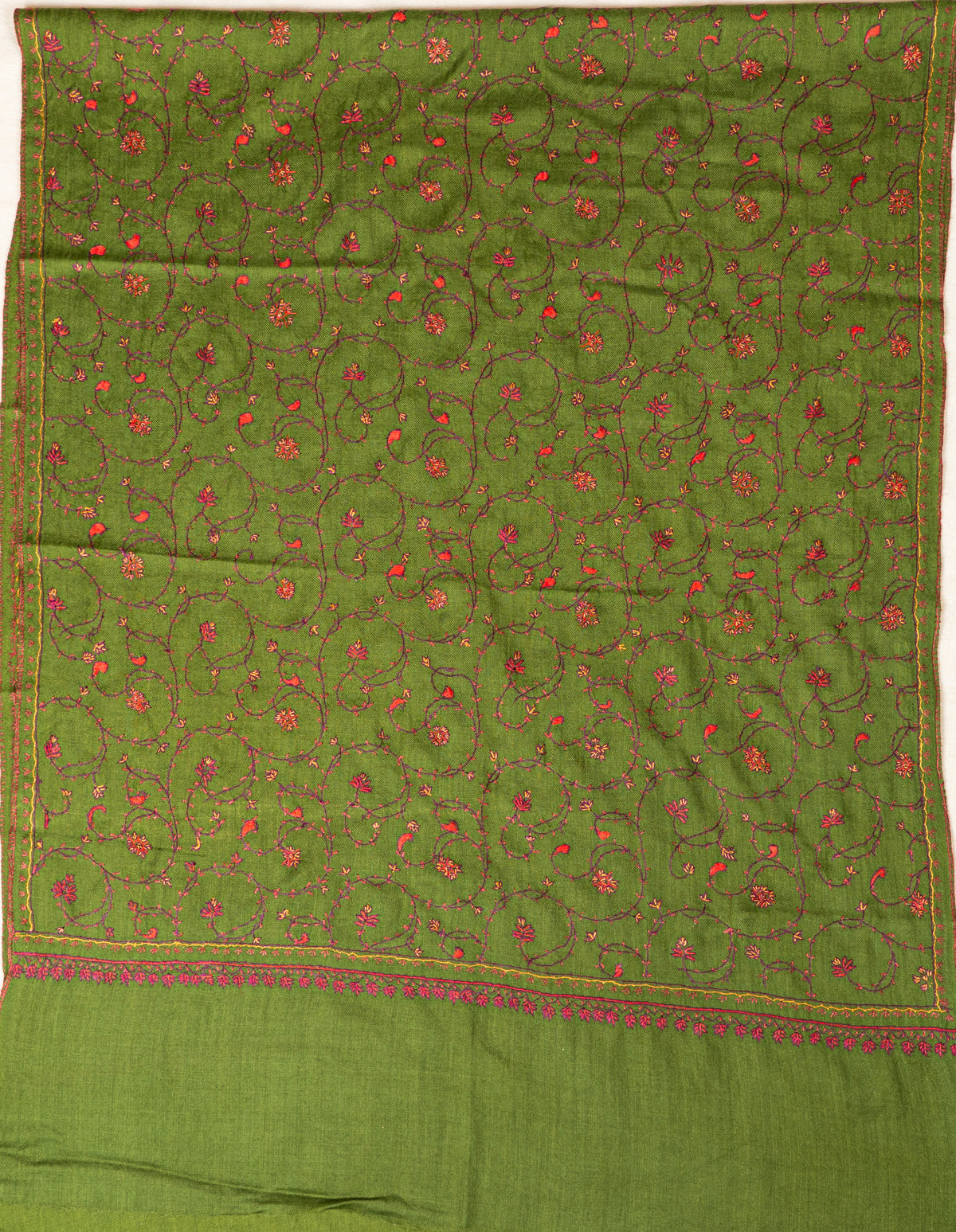 Olive-green stole laid flat with small flowers on scrolling vines, narrow embroidered borders and a plain end