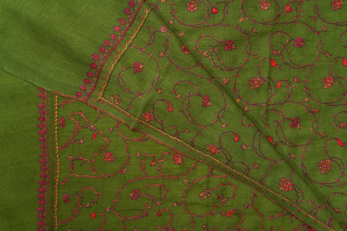 Olive-green stole folded diagonally, revealing both sides of the delicate Sozni floral vines and embroidered border