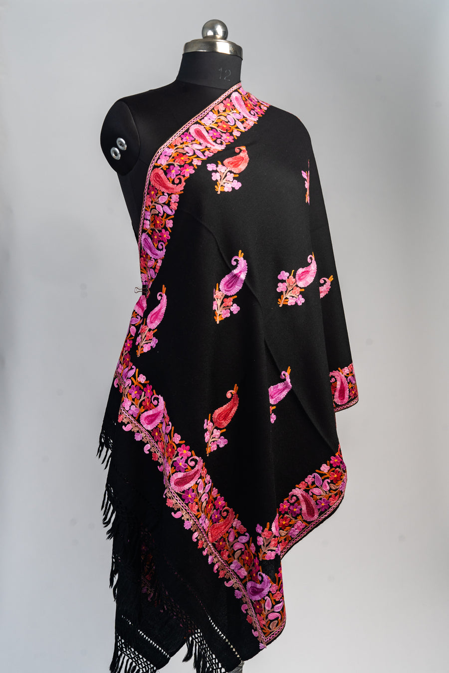Merino Wool Aari Embroidered Stole in Radiant Pink Hues