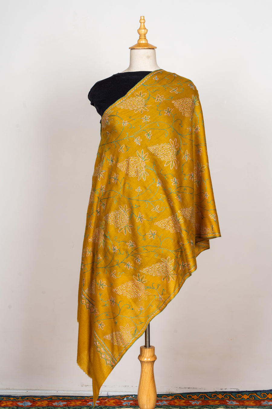 Sunlit Vines: Sozni Hand Embroidered Merino Wool Stole in Mustard Gold