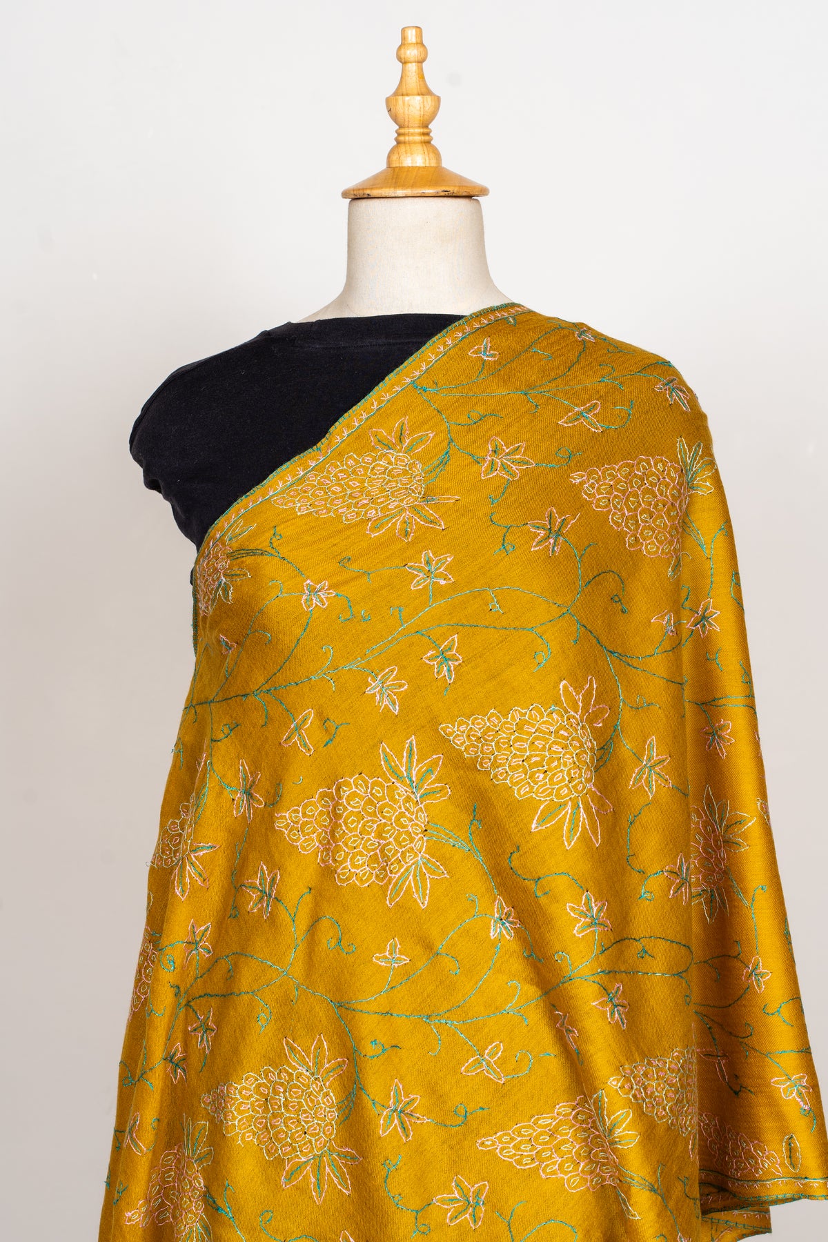 Sunlit Vines: Sozni Hand Embroidered Merino Wool Stole in Mustard Gold