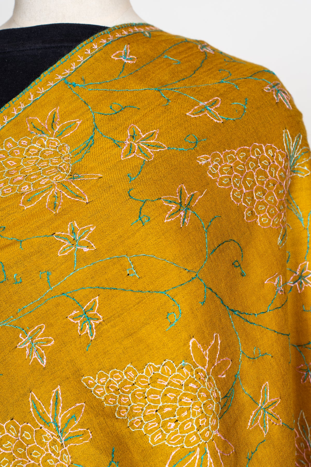 Sunlit Vines: Sozni Hand Embroidered Merino Wool Stole in Mustard Gold
