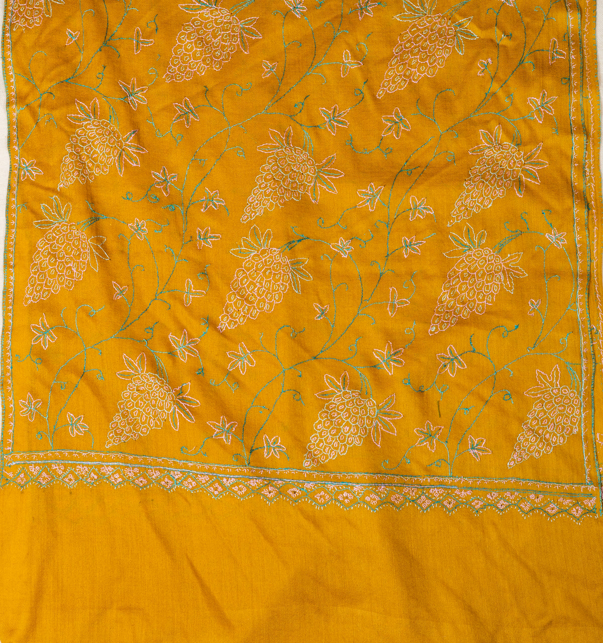 Sunlit Vines: Sozni Hand Embroidered Merino Wool Stole in Mustard Gold
