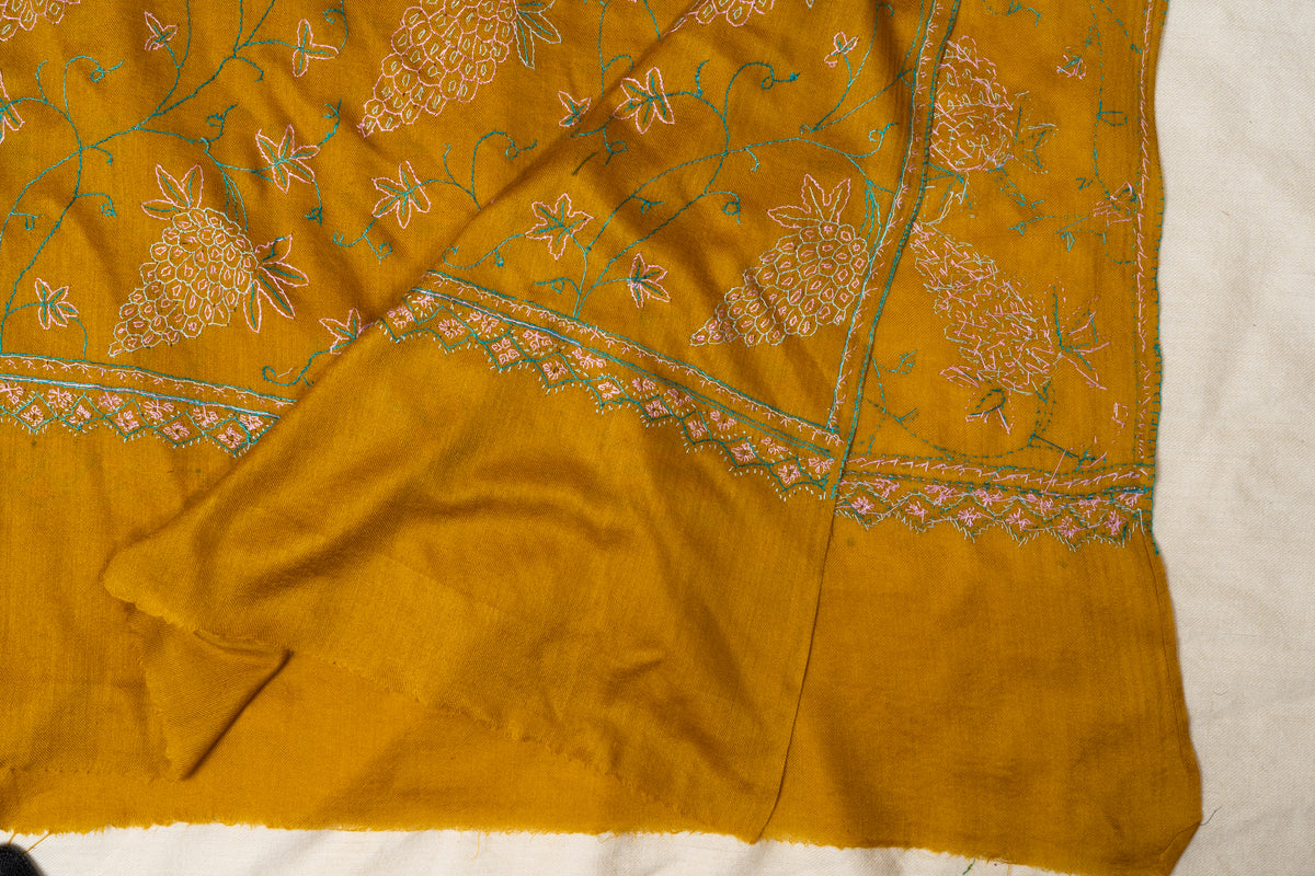 Sunlit Vines: Sozni Hand Embroidered Merino Wool Stole in Mustard Gold