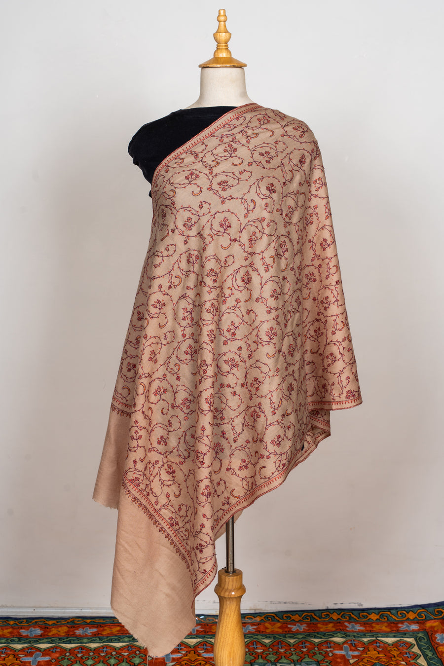 Desert Rose: Hand Embroidered Sozni Merino Wool Stole in Nude Beige