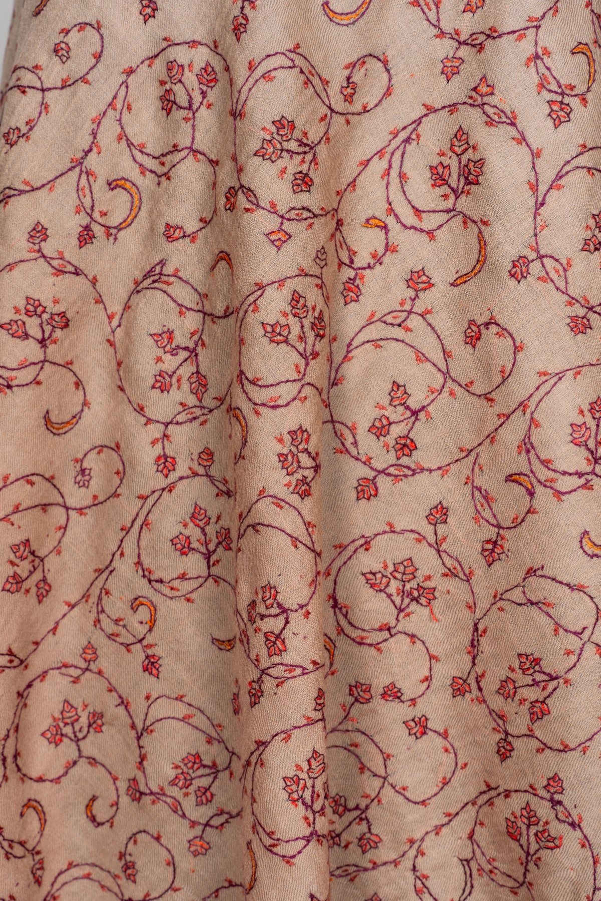 Desert Rose: Hand Embroidered Sozni Merino Wool Stole in Nude Beige