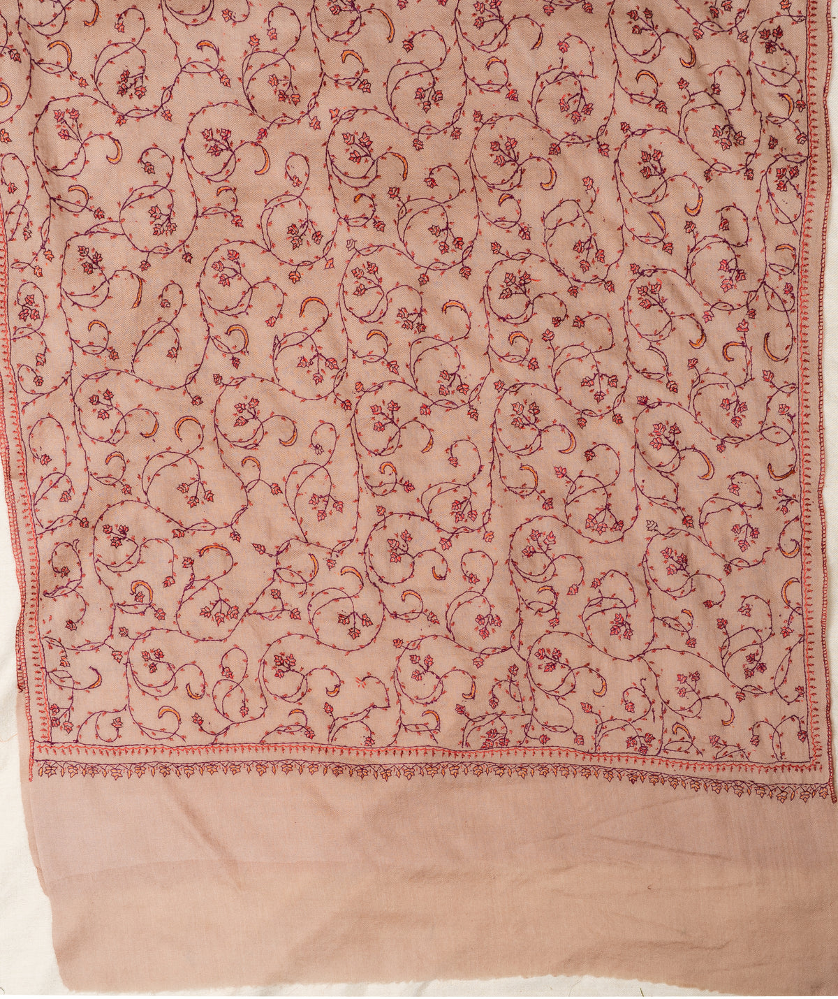 Desert Rose: Hand Embroidered Sozni Merino Wool Stole in Nude Beige