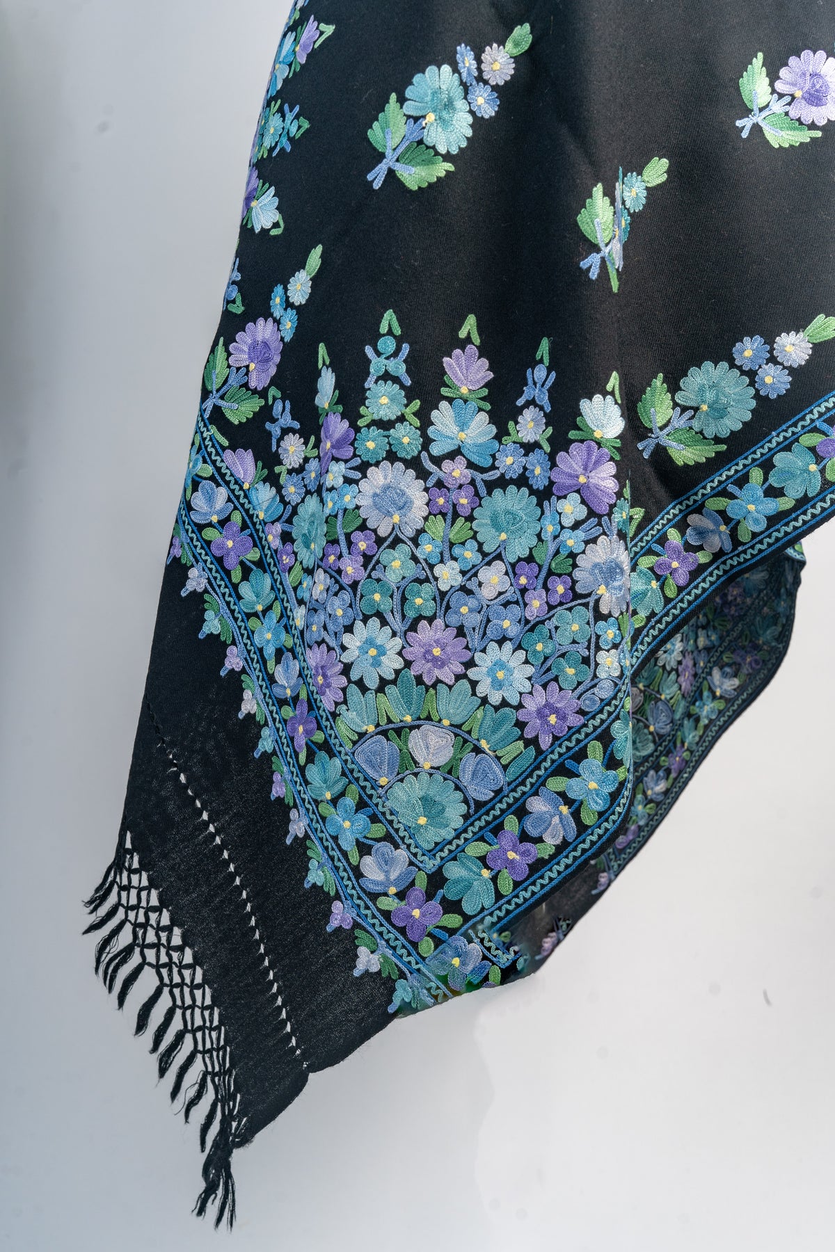 Merino Wool Stole with Lavender and Blue Aari Embroidery