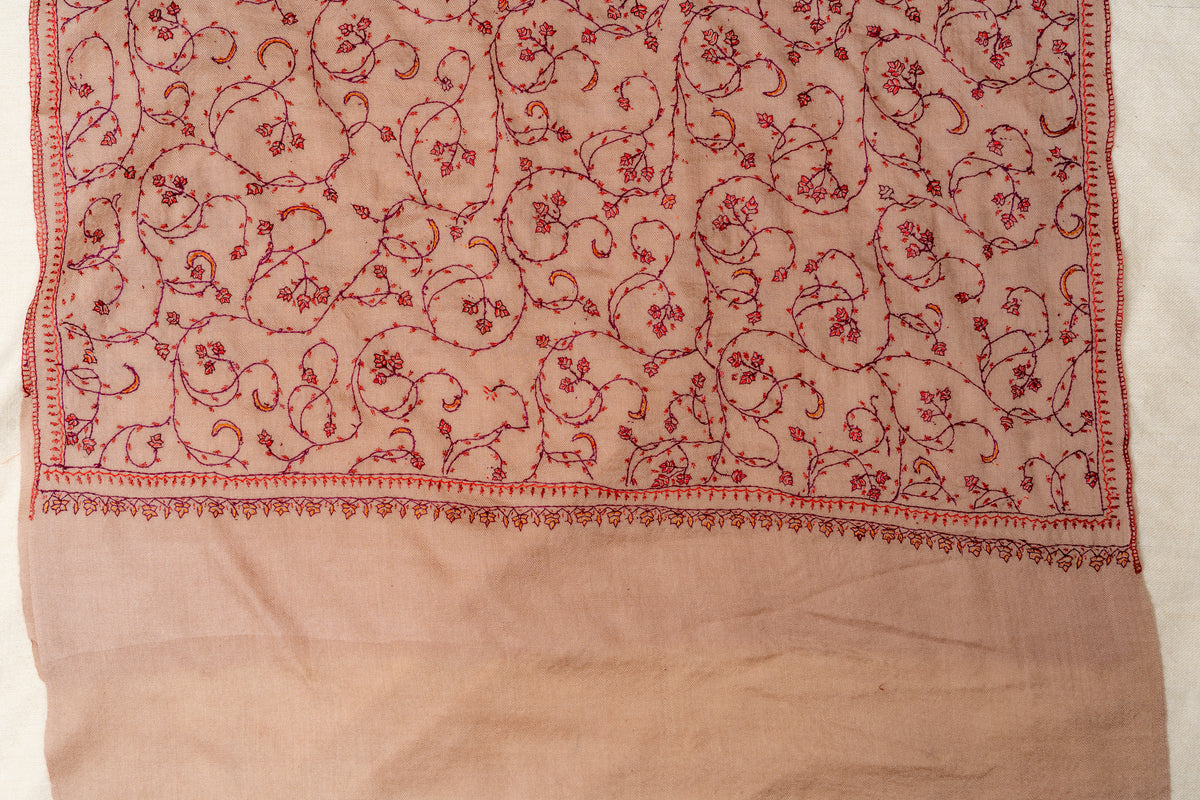 Desert Rose: Hand Embroidered Sozni Merino Wool Stole in Nude Beige