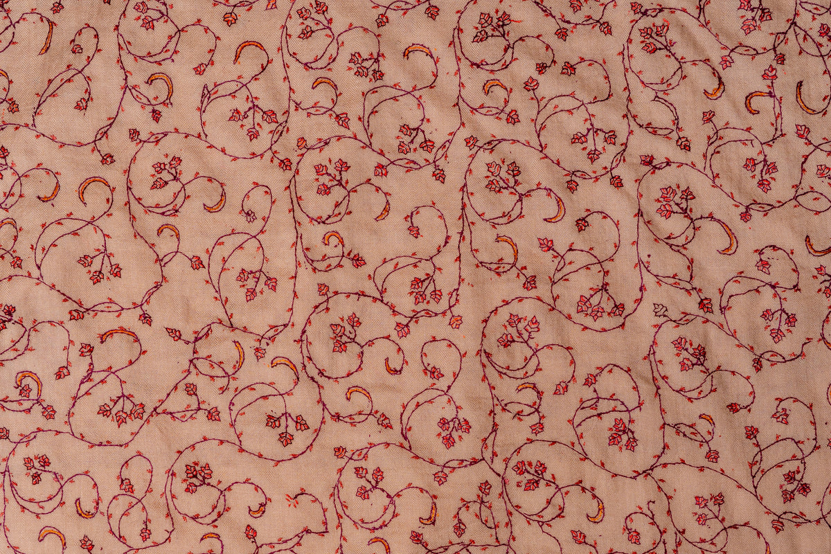 Desert Rose: Hand Embroidered Sozni Merino Wool Stole in Nude Beige