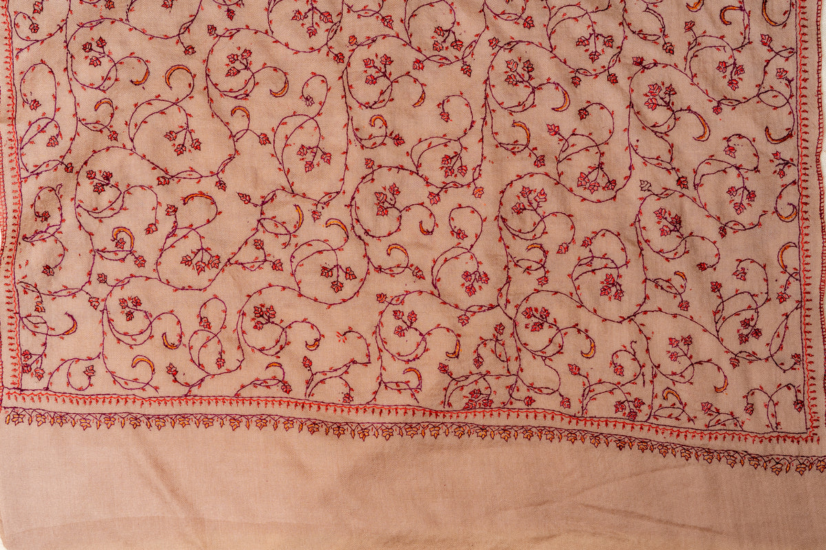 Desert Rose: Hand Embroidered Sozni Merino Wool Stole in Nude Beige