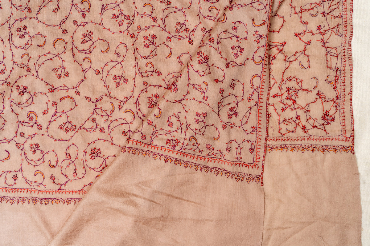 Desert Rose: Hand Embroidered Sozni Merino Wool Stole in Nude Beige