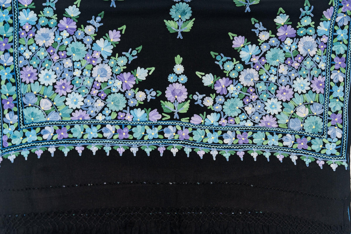 Merino Wool Stole with Lavender and Blue Aari Embroidery