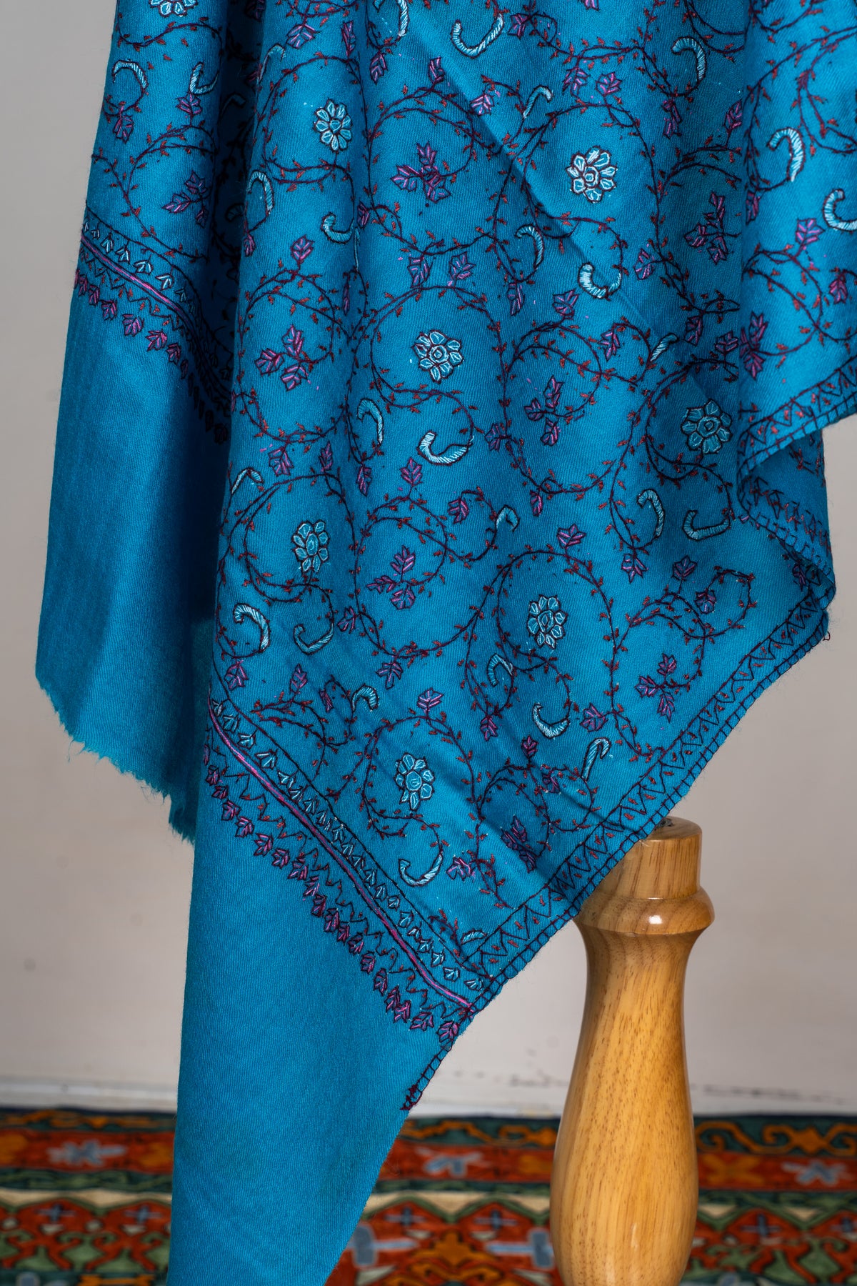 Kashmiri Sapphire: Sozni Hand Embroidered Merino Wool Stole in Blue