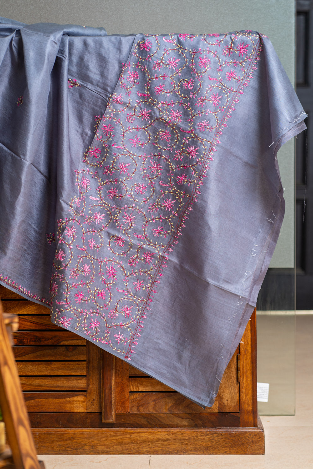 Twilight Grey Tabby Silk Saree with Sozni Hand Embroidery