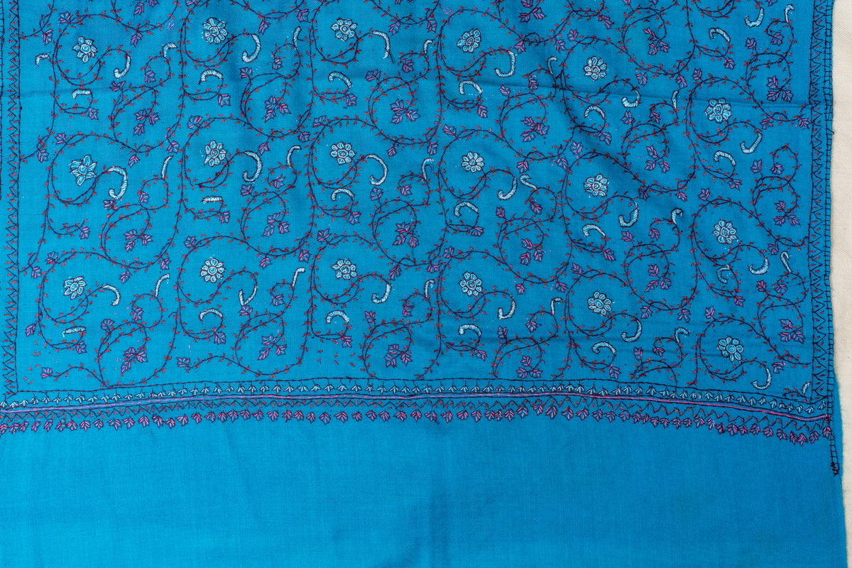 Kashmiri Sapphire: Sozni Hand Embroidered Merino Wool Stole in Blue