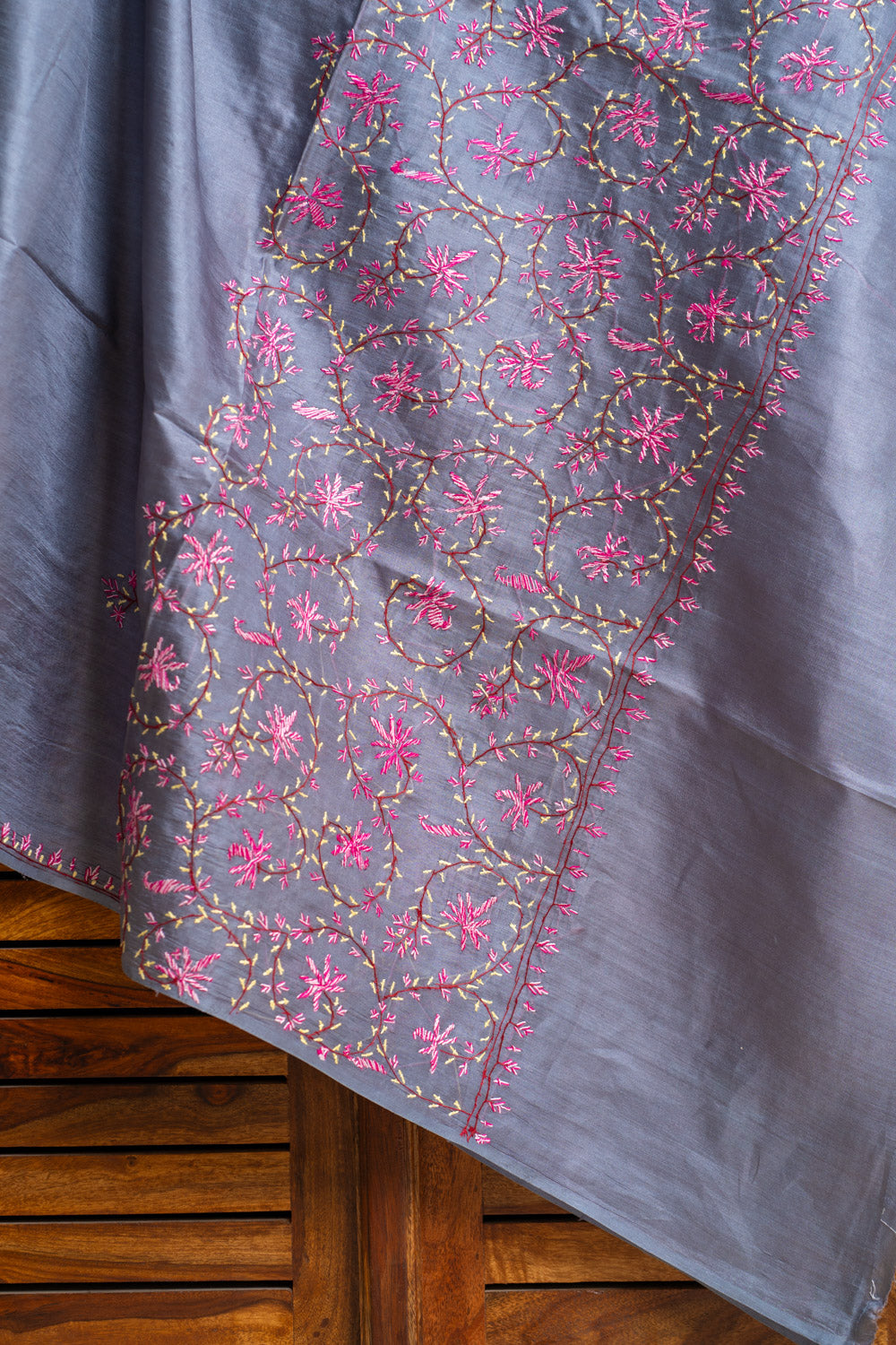Twilight Grey Tabby Silk Saree with Sozni Hand Embroidery