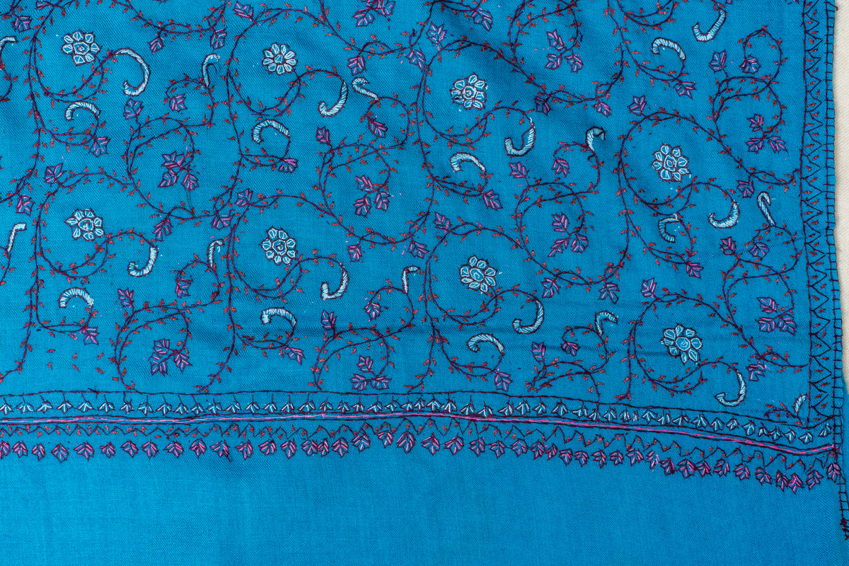 Kashmiri Sapphire: Sozni Hand Embroidered Merino Wool Stole in Blue