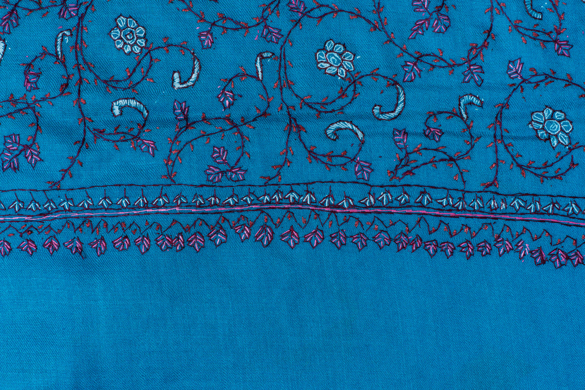 Kashmiri Sapphire: Sozni Hand Embroidered Merino Wool Stole in Blue