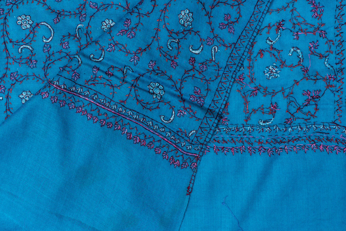 Kashmiri Sapphire: Sozni Hand Embroidered Merino Wool Stole in Blue