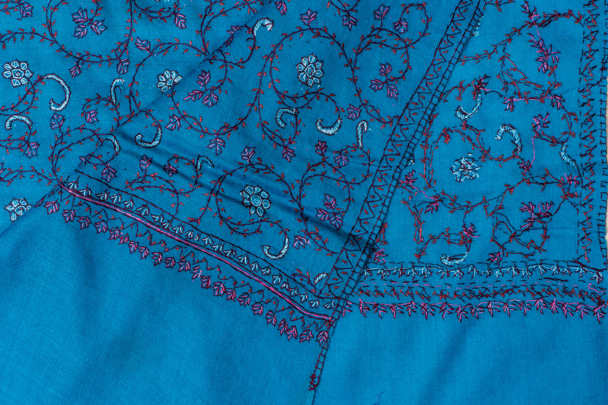Kashmiri Sapphire: Sozni Hand Embroidered Merino Wool Stole in Blue
