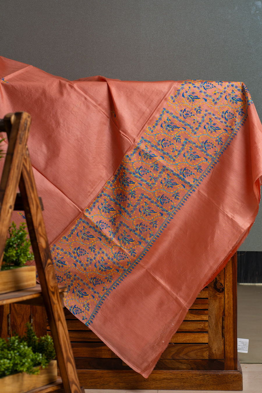 Peach Blossom Tabby Silk Saree with Sozni Hand Embroidery