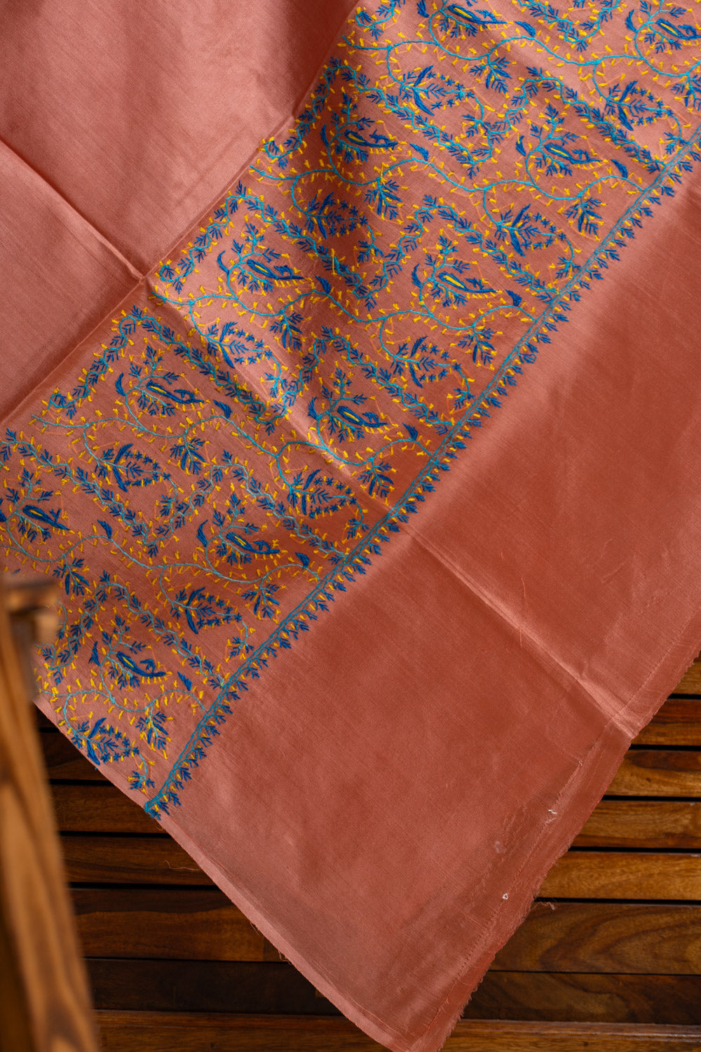 Peach Blossom Tabby Silk Saree with Sozni Hand Embroidery