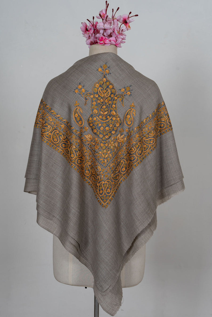 Ash Gold Rumal — 58" Sozni Hand Embroidered