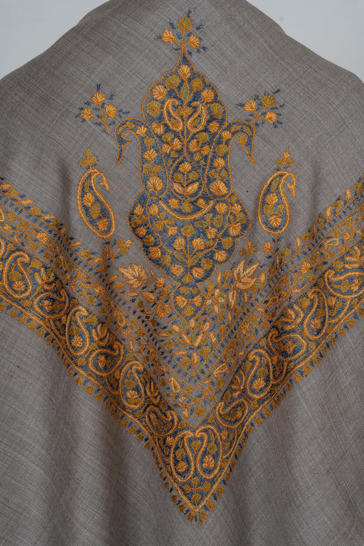 Ash Gold Rumal — 58" Sozni Hand Embroidered