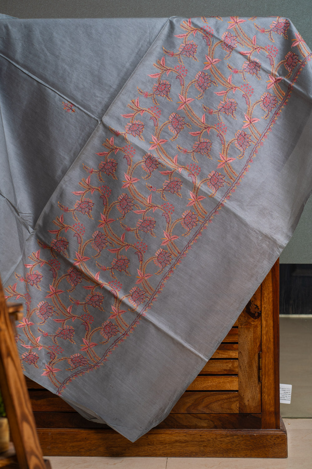 Misty Grey Tabby Silk Saree with Sozni Hand Embroidery