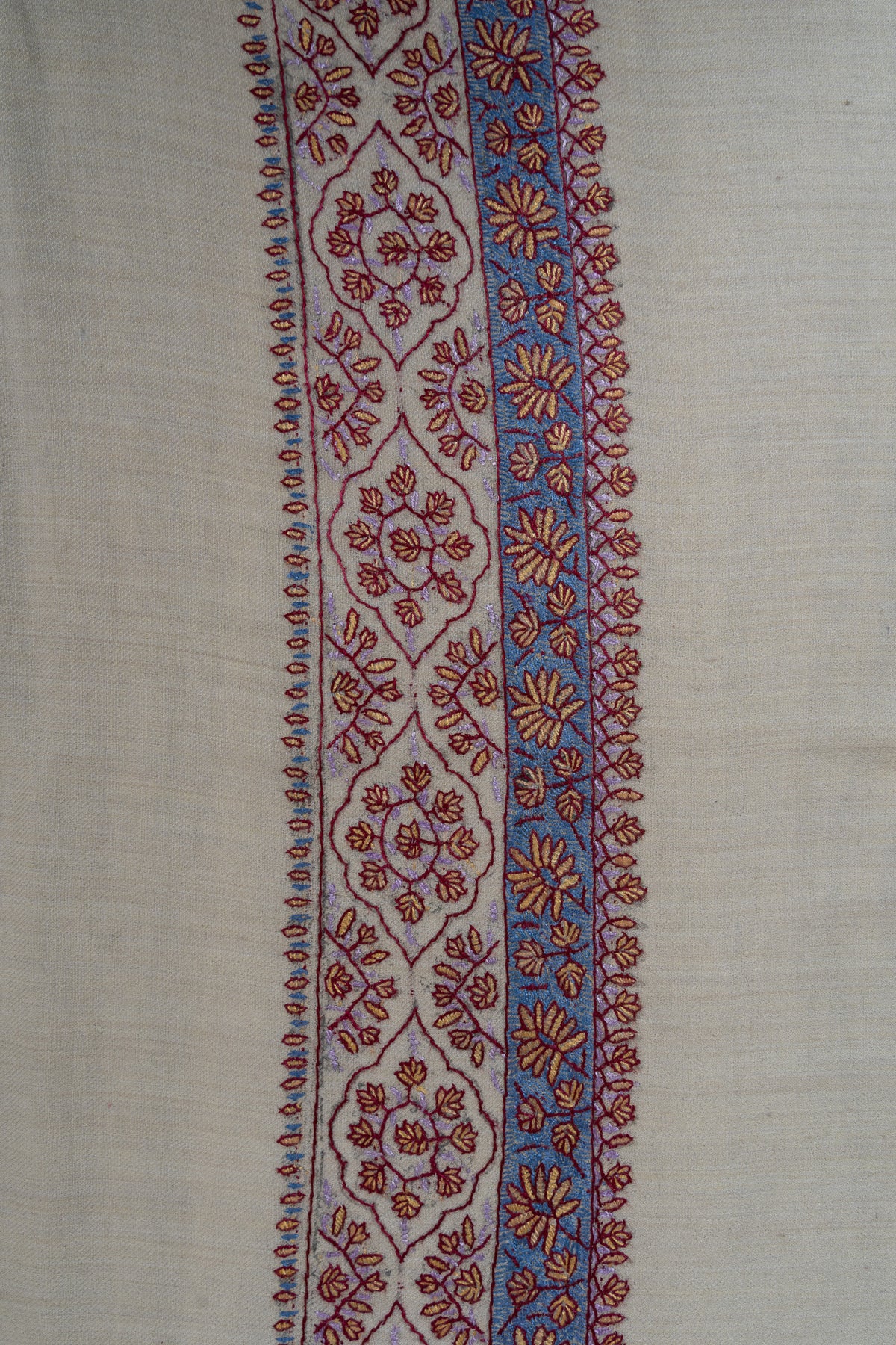 Close-up of a pearl rumal border with blue floral bands and coral-outlined flower medallions