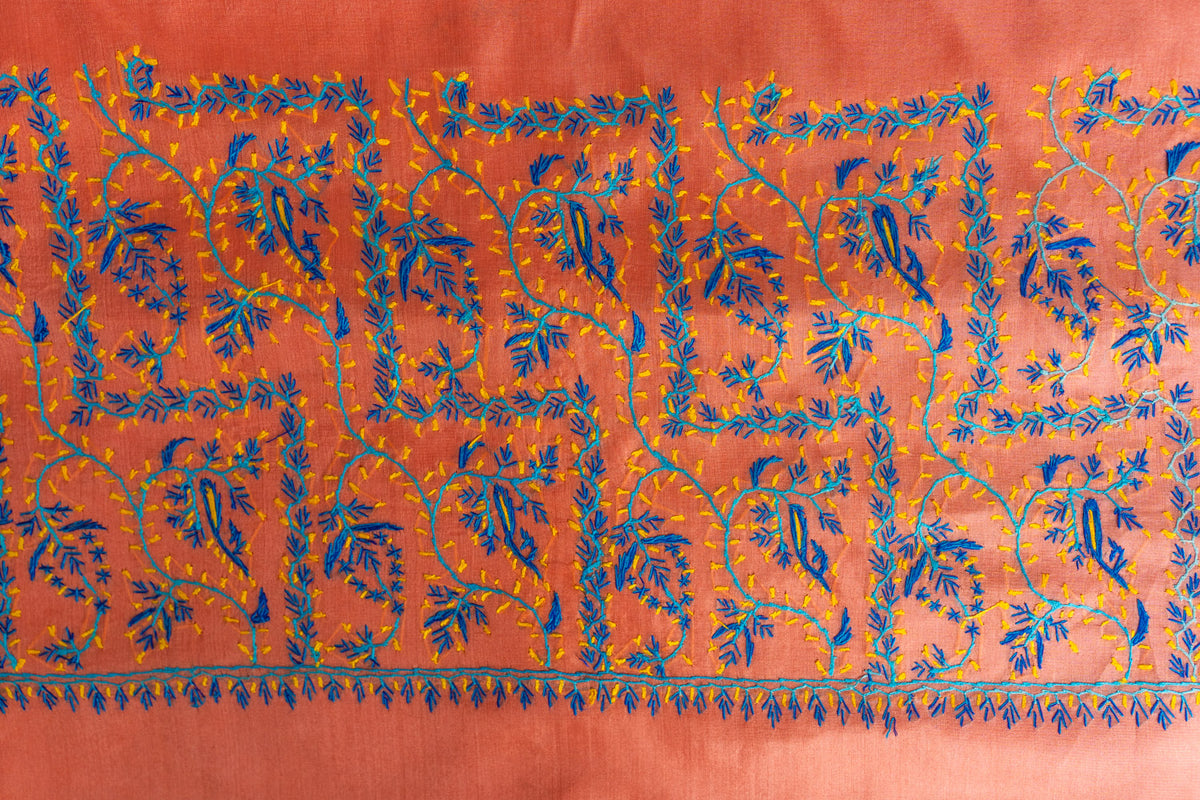 Peach Blossom Tabby Silk Saree with Sozni Hand Embroidery