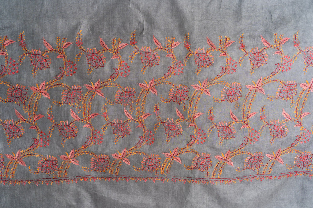 Misty Grey Tabby Silk Saree with Sozni Hand Embroidery