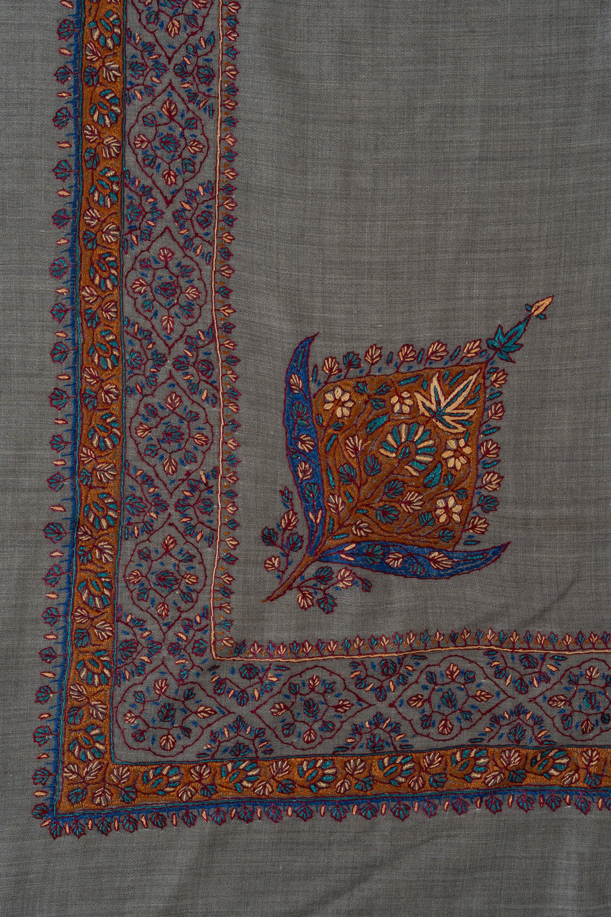 Slate Ember Rumal — 58" Sozni Hand Embroidered