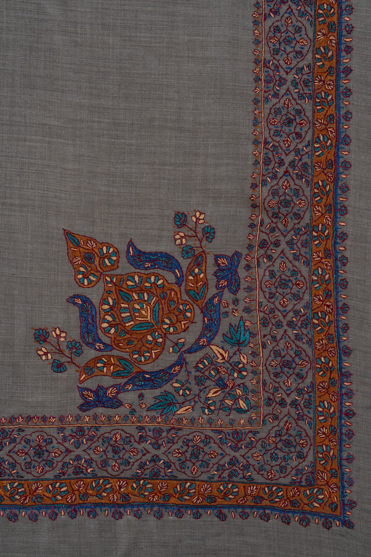 Slate Ember Rumal — 58" Sozni Hand Embroidered