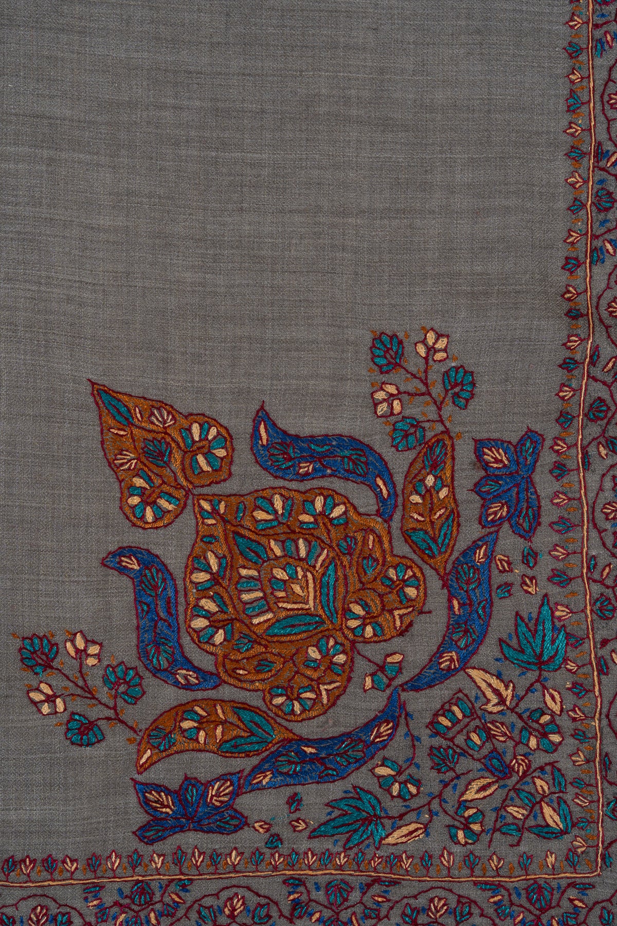Slate Ember Rumal — 58" Sozni Hand Embroidered