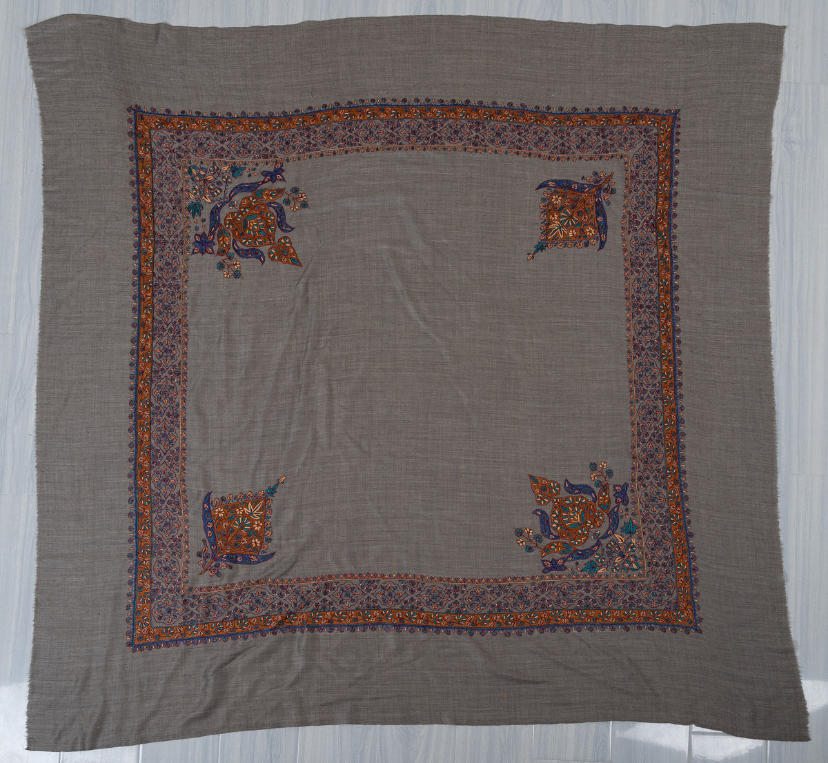 Slate Ember Rumal — 58" Sozni Hand Embroidered