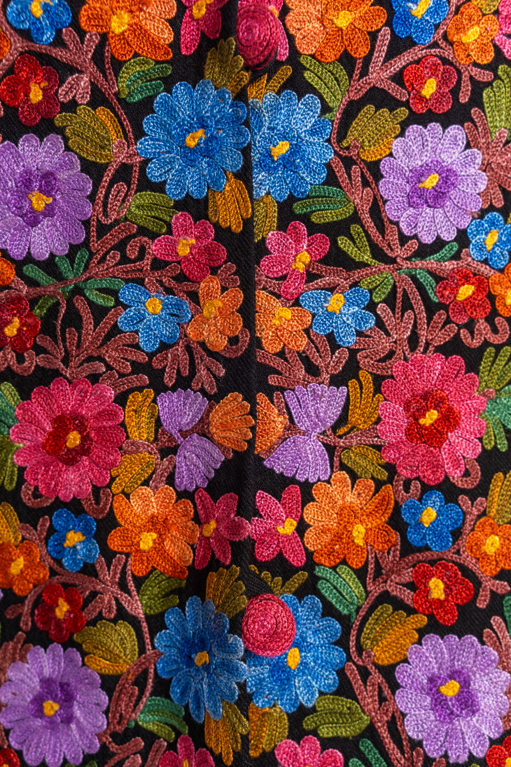 Detailed Aari flower embroidery in blue, purple, pink and orange linked by green leaves and fine reddish stems on black fabric
