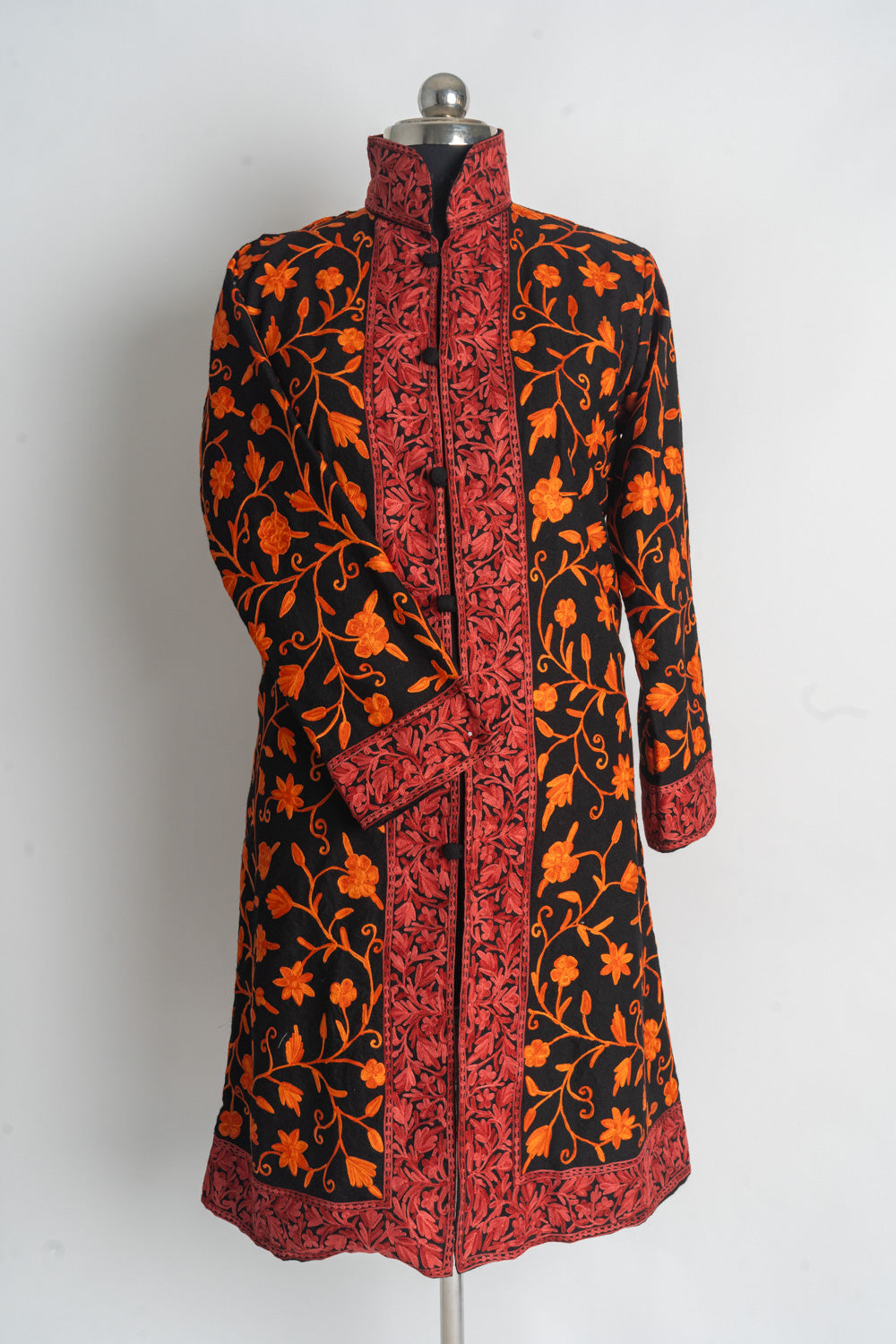 Vibrant Autumn Kashmiri Long Jacket with Aari Embroidery – KashmKari