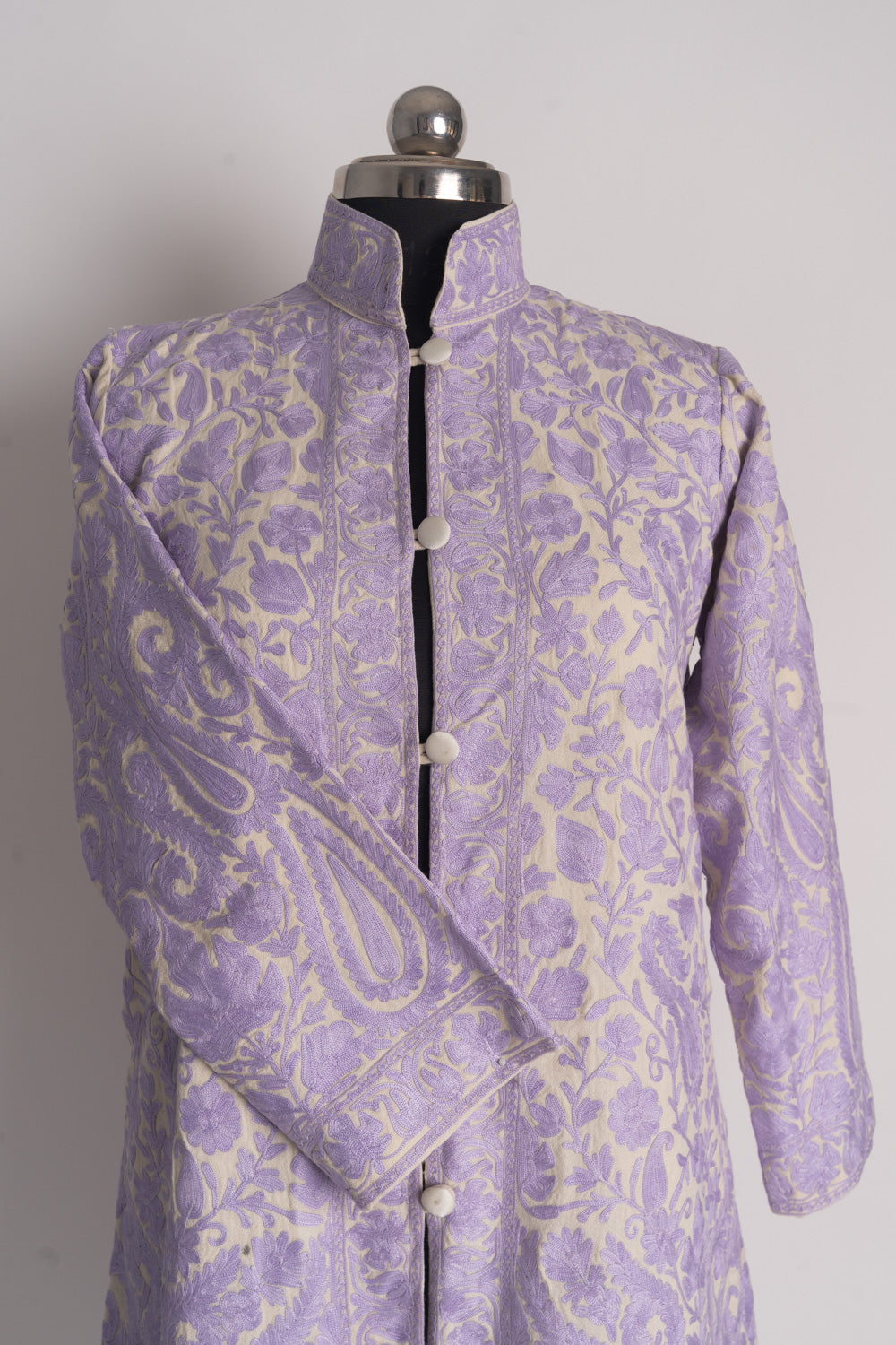 Ethereal Lilac and Cream Kashmiri Aari Embroidery Long Jacket